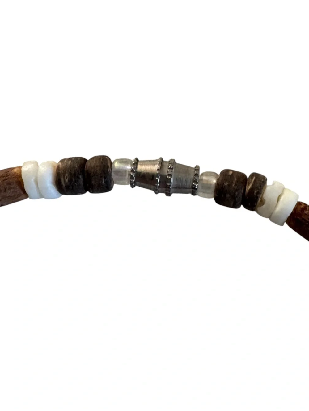 Brown and White Beaded Necklace with Shark Tooth Pendant